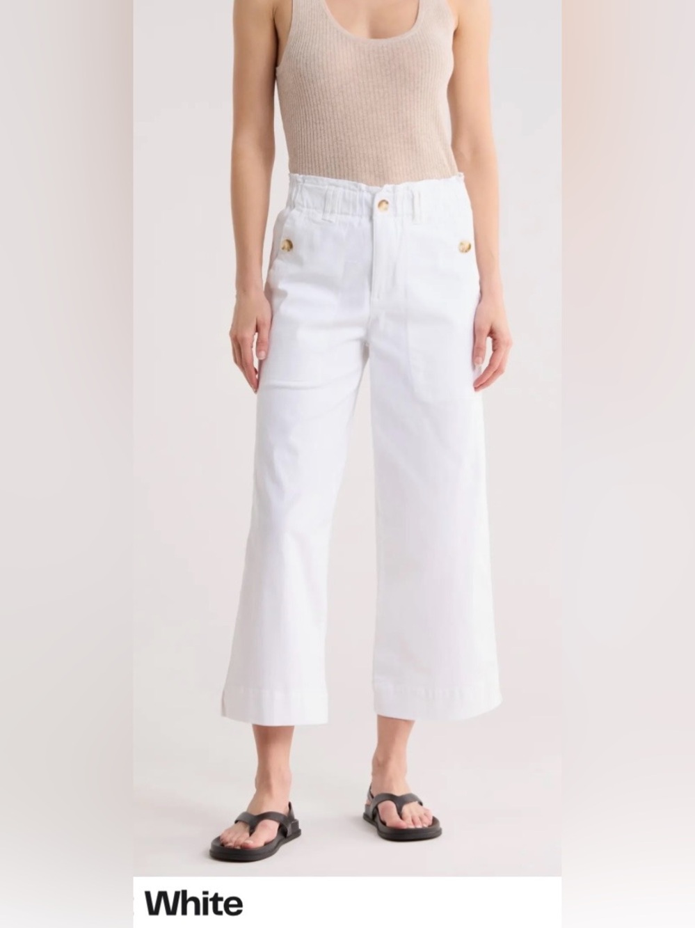 Democracy White Wide-Leg Ankle Crop Utility Pants with Button Details